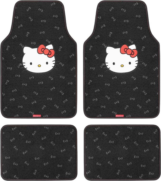 Hello Kitty Carpet Car Floor Mats - Universal Fit for Cars, SUVs & Trucks - Black with Red Bow & Hello Kitty Print - Front & Rear Set, 4 Piece Car Accessories