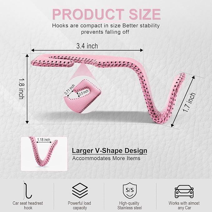 LivTee Headrest Hook for Car, Back Seat Organizer Pink Leather Hanger Holder Hook, Interior Car Accessories for Hanging Purses Bags Coats, 2 Pack