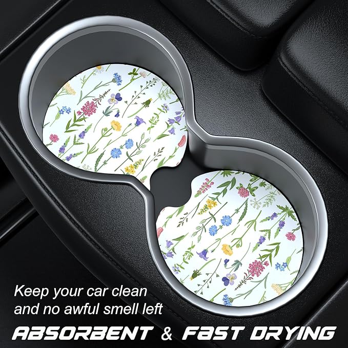 Aiawoxc Car Cup Holder Coasters, 2 Pack Universal Auto Anti Slip Insert Coaster with A Finger Notch, Cute Car Assecories for Women Men, Cup Mat for Most Interior, Colorful Flowers