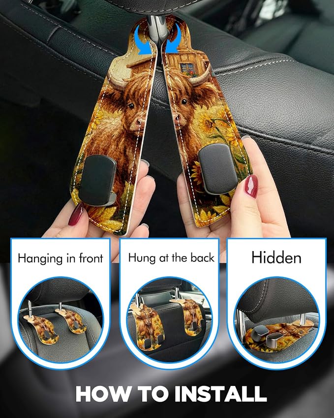 WOCOCN Purse Holder for Car, 2 Pack Heavy Duty Purse Hanger for Car, PU Leather Car Seat Hooks for Purses and Bags, Cute Cow Headrest Organizer for Handbags & Backpacks