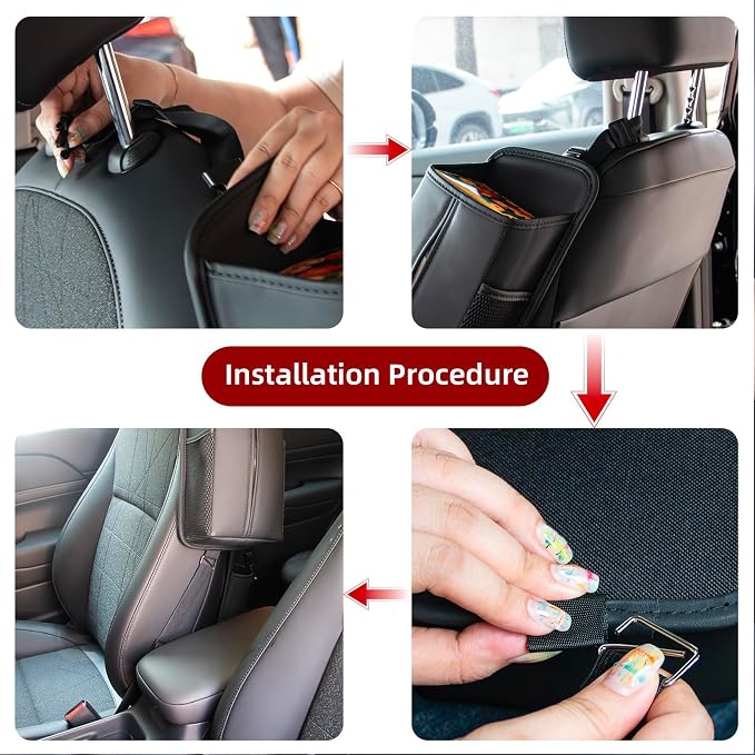 Car Tissue Holder for Front Seat, Headrest Organizer with 2 Side Mesh Pockets for Phones & Cards, L-Square Tissue Box Cover Holds 150 Tissues, Durable PU Leather