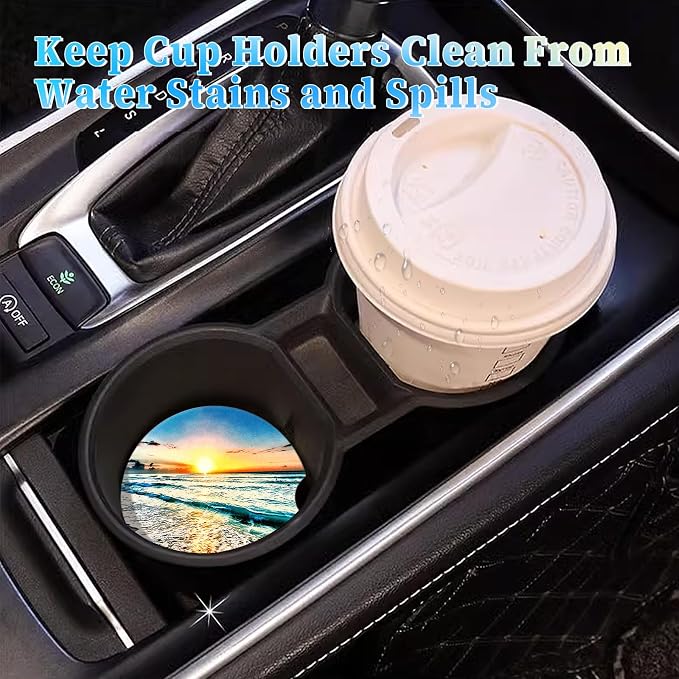 Jeffdad Car Cup Holder Coasters, 2 Pack Absorbent Ceramic Coaster 2.56" Universal Ceramic Stone & Non-Scratch Cork Base Coasters Auto Accessories for Women & Men(Sunset)
