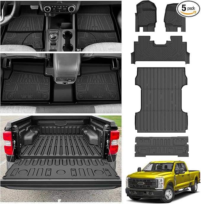 KUST Full Set Floor Mats for 2023-2026 Ford F250/F350/F450 Super Duty Crew Cab, 6.8FT Truck Bed Mat with Tailgate Liner All Weather F250 Accessories TPE Rubber Raised Edge