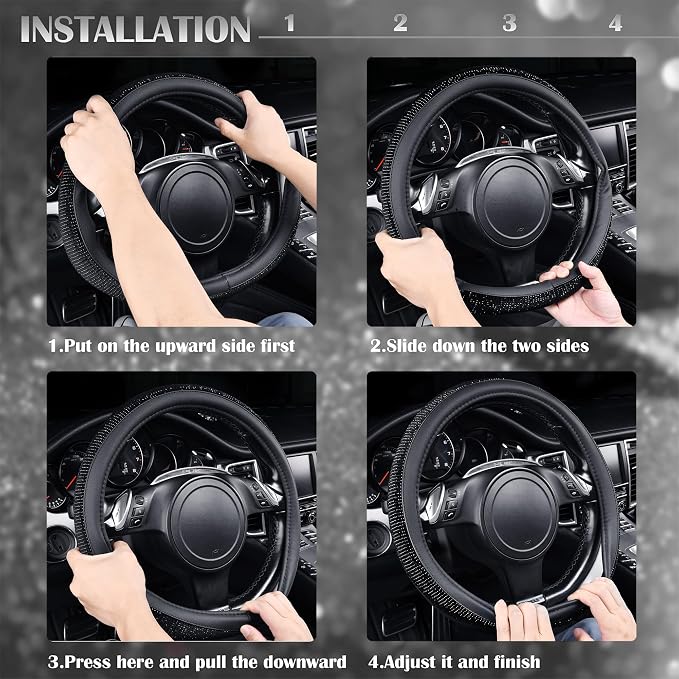 CAR PASS Bling Black Diamond Leather Steering Wheel Cover, with Sparkly Crystal Glitter Rhinestone Universal Fit 15" 1/2-16" Large Size Car Wheel Protector for Women Girl Fit Car,SUV,Van,Sedan, Black