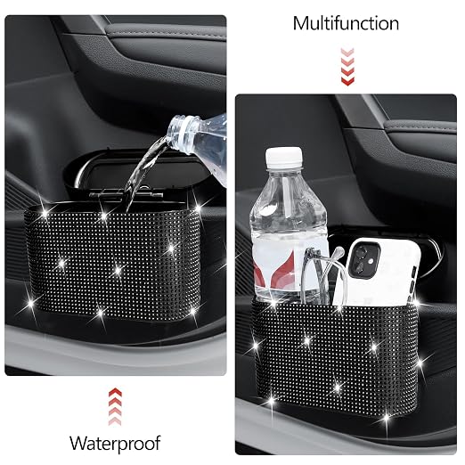 NBTEPEM Bling Car Trash Can with Lid, Mini Auto Garbage Can with 30 Trash Bags, Leakproof Automotive Garbage Container Bin, Bling Car Accessories Trash Can for Women (Black Diamond)