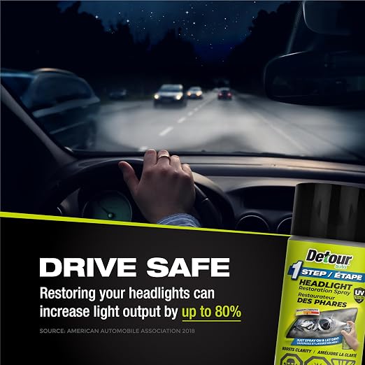 Detour 1-Step Headlight Restoration Spray - 2-in-1 Headlight Coating and Quick Restorer for Plastic Car Headlights, Long-Lasting UV Protection, Easy to Apply, 3 oz