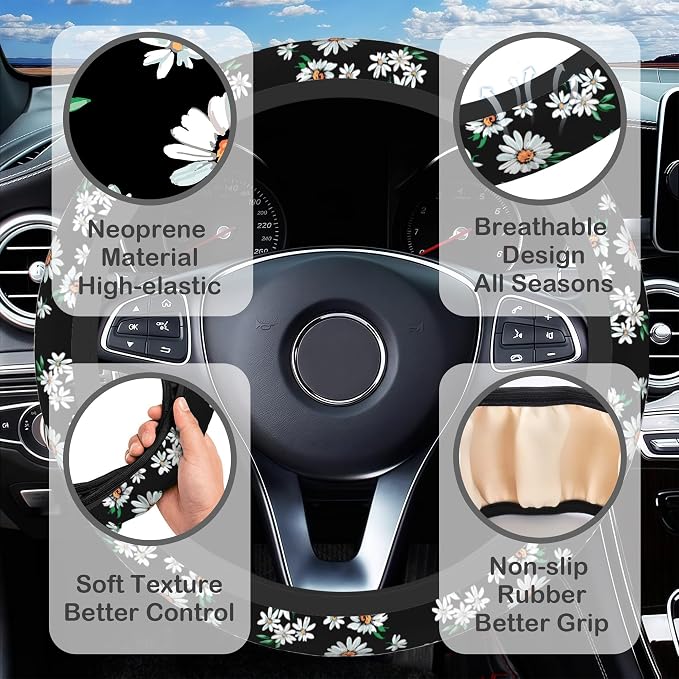 Cute Daisy Steering Wheel Cover for Women, Anti-Slip Car Steering Wheel Cover with 2 Pcs Cup Holders Neoprene Breathable Car Accessories Universal 15 Inch Auto Interior Decor