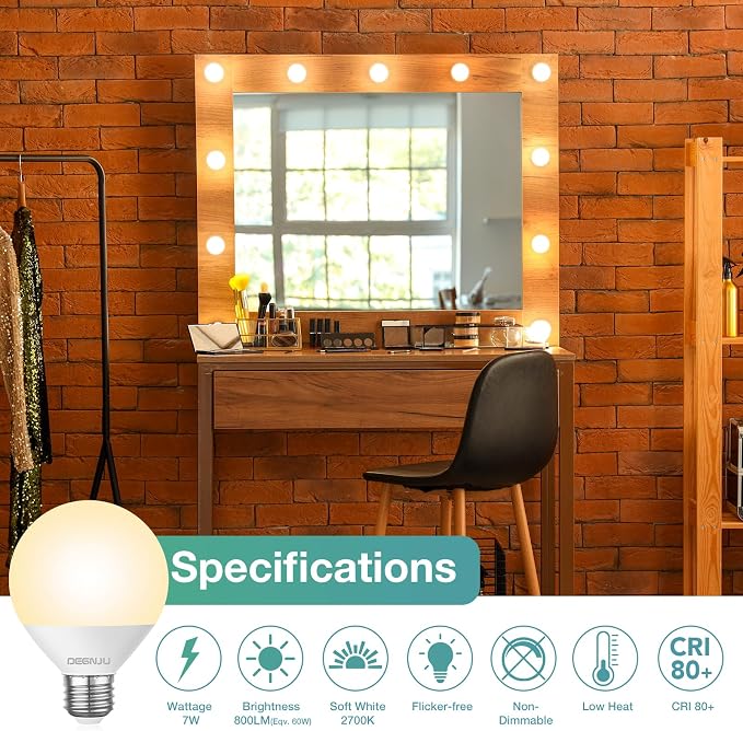 DEGNJU LED Vanity Light Bulbs, 60W Equivalent, Bathroom Light Bulbs 2700K Soft White, 800 Lumens, G25 Globe Bulb for Makeup Mirror, Round Shape, 7W, 120V, Non-Dimmable, 10 Pack