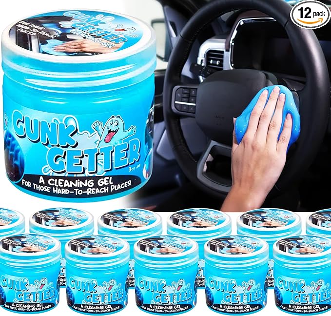 Gunk Getter 12 Pack Cleaning Gel for Those Hard to Reach Places, Automotive Cup Holder Electronic Keyboard Office, Slime Gel Cleaner Dust Crumb Removal (Jar, Blue, 3.5oz)