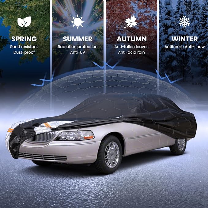 Multi-Layer Car Cover Custom Fit for Lincoln Town(1998-2011), 100% Waterproof All Weather for Automobiles, Gift with Towel, Heavy Duty Car Covers for Rain Sun UV Protection with Door Zipper.