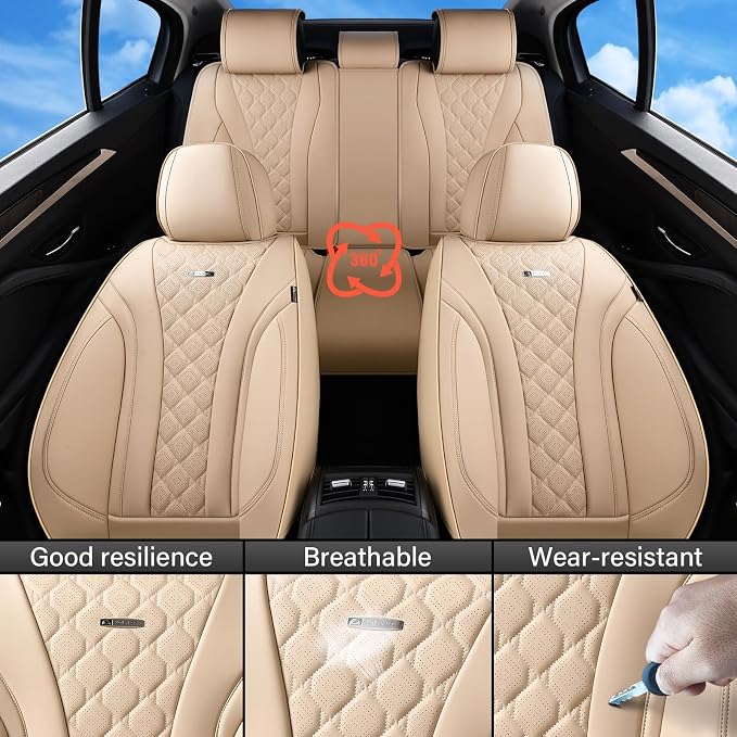 Coverado Car Seat Covers, Leather Seat Covers Full Set, Beige Seat Covers, Perforated Diamond Leather Car Seat Cover, Breathable Car Seat Cushion, Waterproof Car Seat Protector Fit for Most Cars