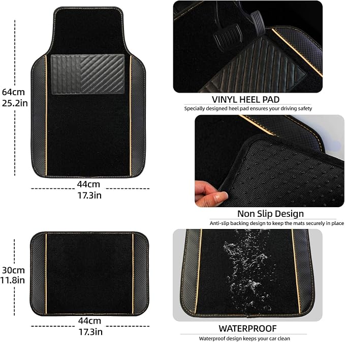 NBTEPEM Microfiber Steering Wheel Cover and Waterproof Car Floor Mats, Universal Fit Most Truck, SUV, Cars, 14.5-15inch Sporty Steering Wheel Covers with Anti-Slip Lining (Black with Beige line)