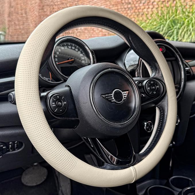 PINCTROT Large Size Nappa Leather Steering Wheel Cover, Slim Fit No Bulk Design, One Piece Leather with Breathable Perforation, Fit Like Gloves, 15.5-15.75 Inch(Nappa Beige)