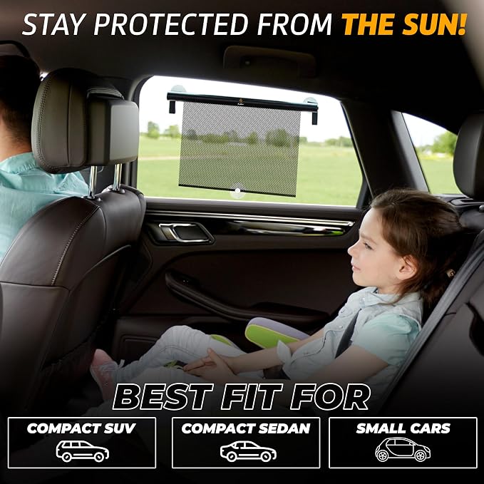 EcoNour Car Window Shades for Baby (2 Pack) | Retractable Shade for Car Side Window | Window Sun Shades with Suction Cups | Large Clips for Durability | Baby Travel Accessories (14" x 18")