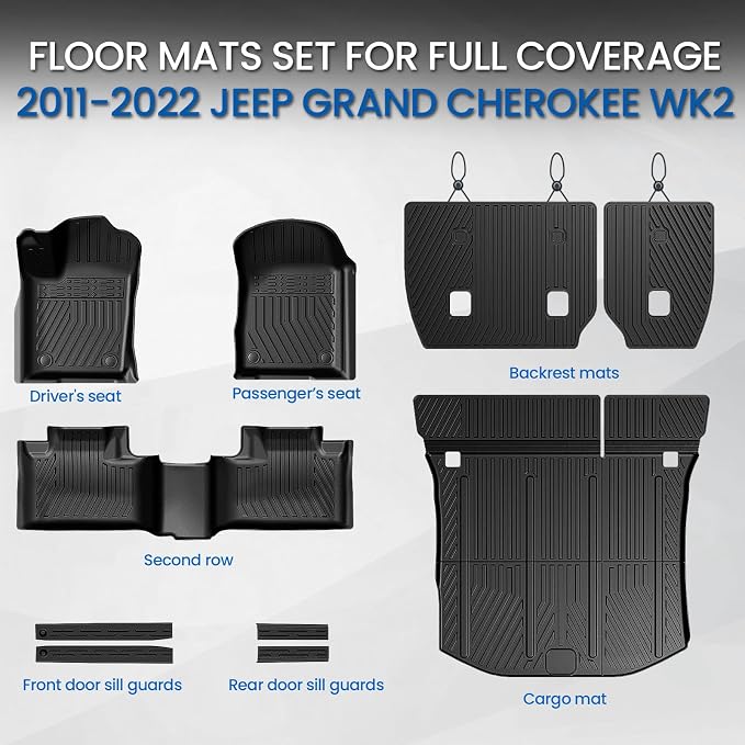 Floor Mats Set for Jeep Grand Cherokee 2011-2021 & 2022 WK2 (Not for 2022 WL or L), All Weather TPE Backrest Mat Trunk Mat Cargo Liner Door Sill Guards Accessories