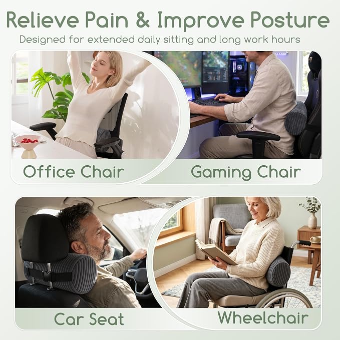 Lumbar Roll Lumbar Support Pillow for Office Chairs, Cars, and Gaming Chairs, Back Cushion with Washable Cover & Adjustable Strap to Relieve Back Pain and Improve Posture, 11"x6"x5", Dark Grey