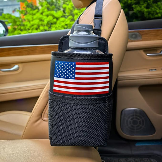Large Car Cup Holder Expander Big Drinks Holder Bag (Black-US Flag) | Fits Large 24/36/40/46oz Water Bottles,- Universal Auto Vehicle for Cars, SUV & Truck RV's golf-carts