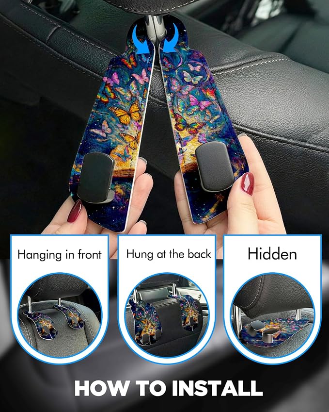 WOCOCN Purse Holder for Car, 2 Pack Heavy Duty Purse Hanger for Car, PU Leather Car Seat Hooks for Purses and Bags, Cute Butterfly Headrest Organizer for Handbags & Backpacks