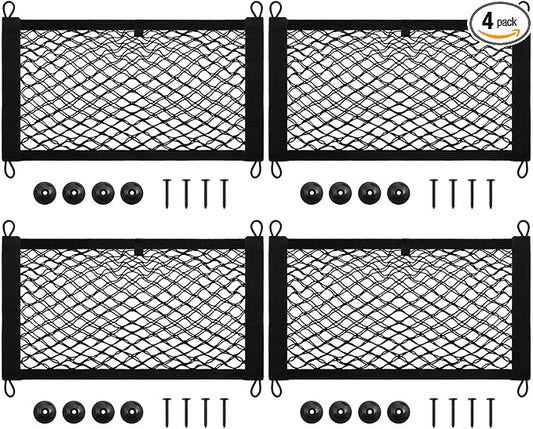 Frienda 4 Pcs 21 x 9.8 Inches Stretchable Small Cargo Net Pocket Boat Storage Mesh Net Elastic Automotive Storage Pouch with Mounting Screws and Hooks for Truck Car SUV Boats