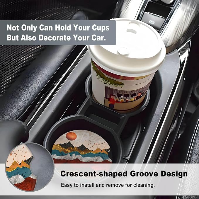 2 Pack Car Coasters for Cup Holders, 2.56" Universal Absorbent Ceramic Stone Car Cup Holder Coasters with Non-Slip Cork Base, Car Interior Accessories for Women Men(Mountains Nature Scenery)