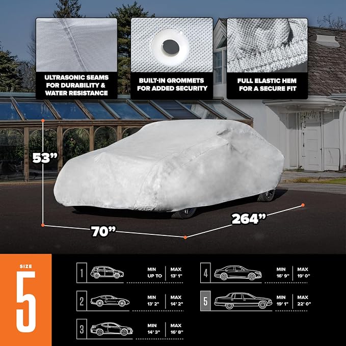 Budge Ultra Duro Car Cover, 3-Layer UV & Water Resistant Outdoor Protection, Fits Cars up to 264”, Gray, Size D-5