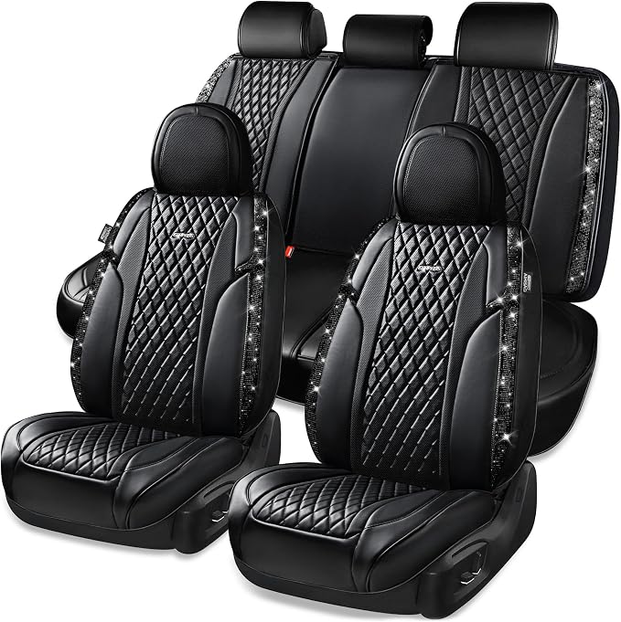 CAR Pass Bling Car Seat Covers, Microfiber Nappa Leather Luxury Cushioned, Waterproof Heavy-Duty Anti-Slip Universal Fit for Auto SUV Sedan, Sparkly Glitter Shining Rhinestone Full Set, Black Diamond