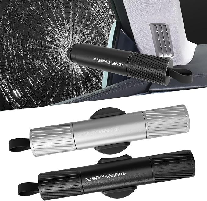 2 Pack Car Safety Hammer Car Window Breaker Seatbelt Cutter Emergency Escape Tool Car Glass Breaker for Land and Underwater Life-Saving Car Safety Kit Essentials Car Accessories (Black+Silver)