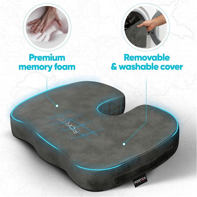FORTEM Seat Cushion, Office Chair Cushion, Memory Foam Car Seat Cushions, Sciatica Coccyx Tailbone Pain Relief, Chair Cushions for Back Support, Sitting Pad for Gaming, Washable Cover, Non Slip