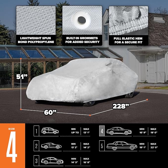 Budge Lite Car Cover, Indoor Protection, Breathable Dustproof Cover, Fits Full-Size Sedans up to 228 Inches, Gray, Size 4