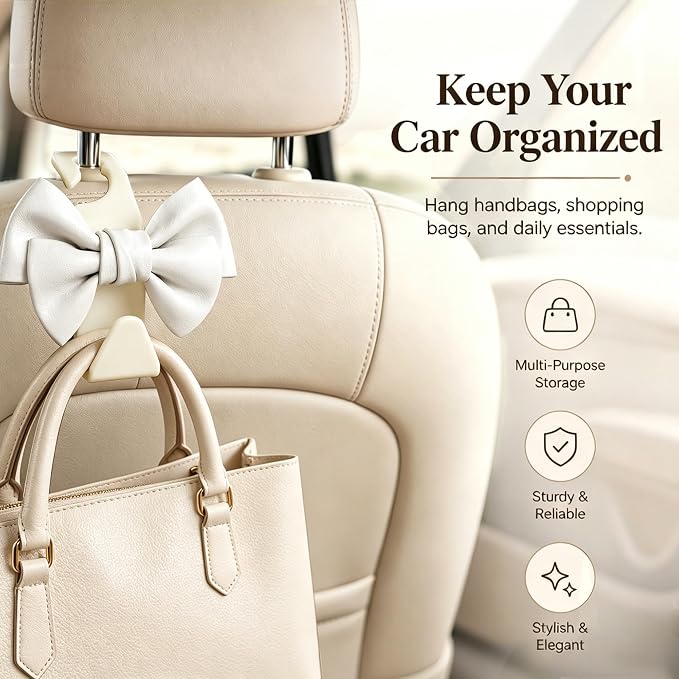 2 Pack Car Purse Hooks, Cute Bow Car Seat Headrest Hook Hanger for Purses and Bags, Space-Saving Car Accessory (Cream white)