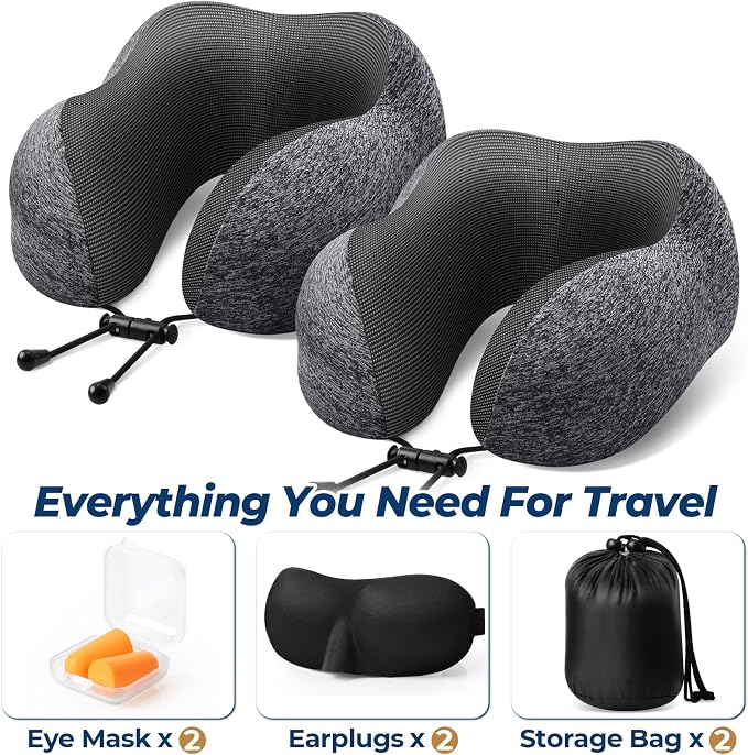 ExploreBliss Travel Pillow, 2 Pack Travel Pillows for Sleeping Airplane, Removable Cover Neck Pillow with Adjustable Clasp, Memory Foam Neck Pillow Set (Dark Grey*2)