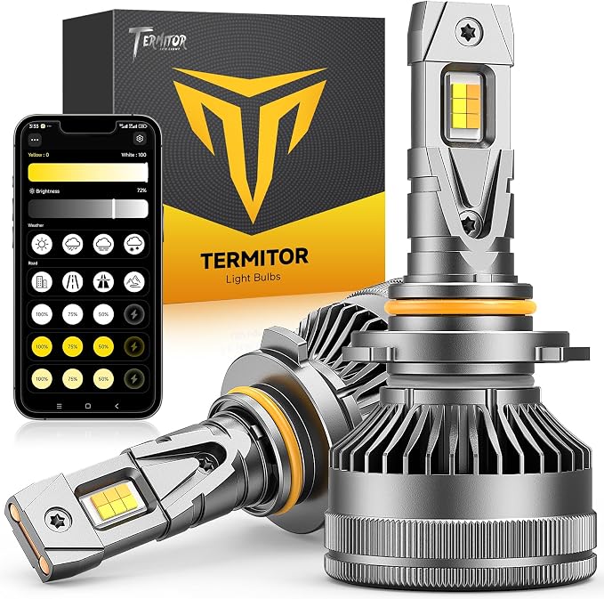 Termitor 9005/HB3 Smart Light Bulbs, Up 20X 0-120,000LM Variable Brightness, 3000K to 6500K Variable Color, App Control One-touch Driving Mode Switching, 360° Adjustable Quick Install, Pack of 2