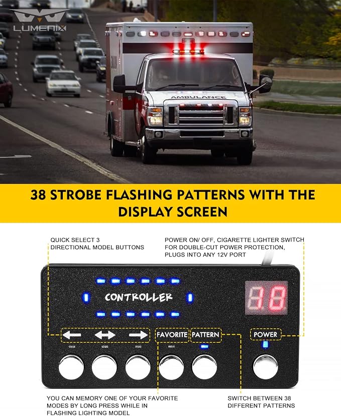 LUMENIX 42 LED Roof Top Strobe Beacon Light Bar, Patent Design, Red White | High Visibility Caution Light Bar with Controller Panel, for Construction Work Trucks Service Vehicles Tow Snow Plow
