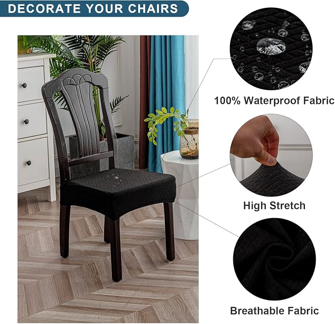 Genina Waterproof Seat Covers for Dining Room Chair Covers Waterproof Dining Chair Covers (6 PCS-Rear-gapped, Black)