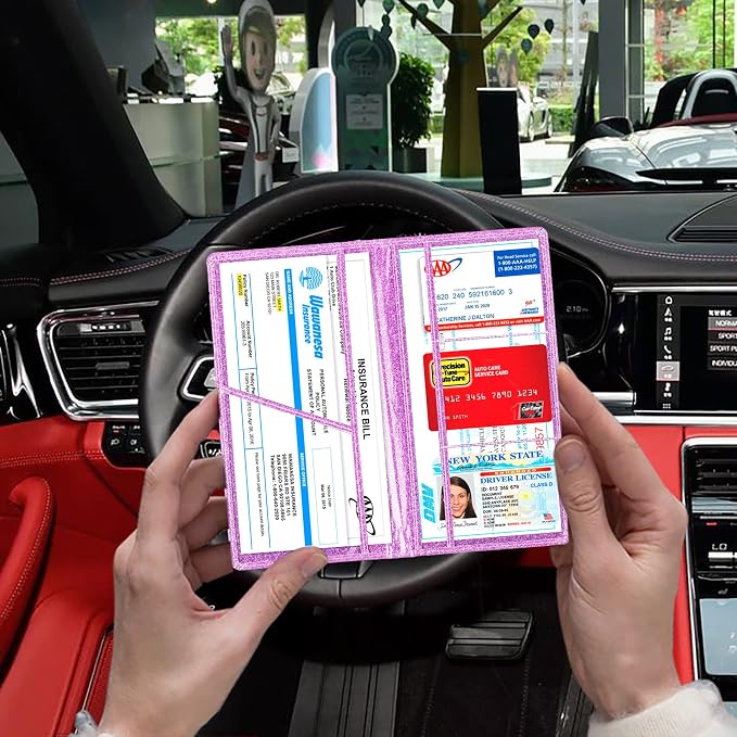 TOURSUIT Car Registration and Insurance Card Holder, Glitter Purple | Vehicle License Document Organizer, Glove Box Compartment, Interior Car Accessories, For Women Men
