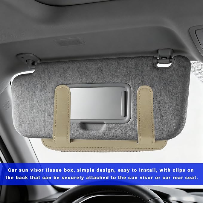 Car Tissue Holder, PU Leather Auto Sun Visor Tissue Case Napkin Holder with Zipper, Rectangular Mask Dispenser Hanging Paper Towel Organizer for Cars SUVs Trucks RVs (Beige)