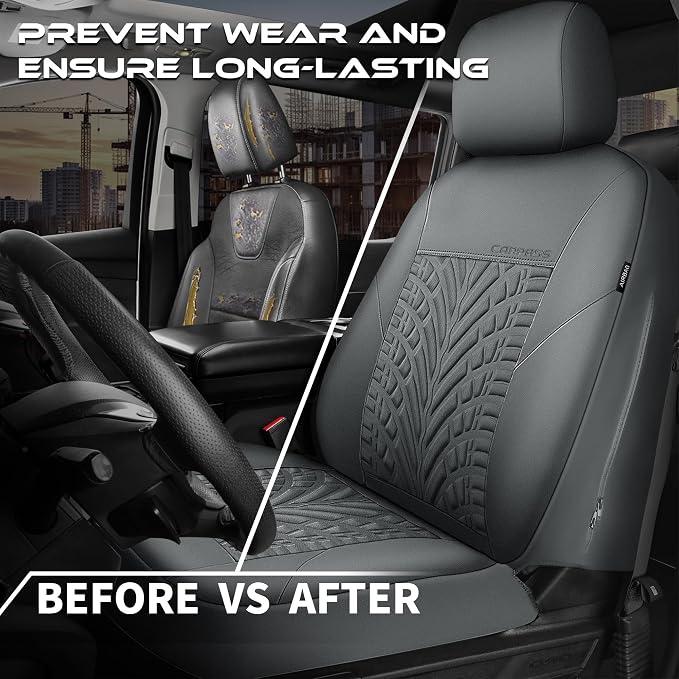 CAR PASS Neoprene Waterproof Seat Covers Full Sets, Wetsuit Car Seat Covers 5 Seats Universal Fit for Vans, Truck, SUV, 3D Tyre Embossed Seat Covers Anti Slip with Armrests, Aibag Compatible(All Gray)