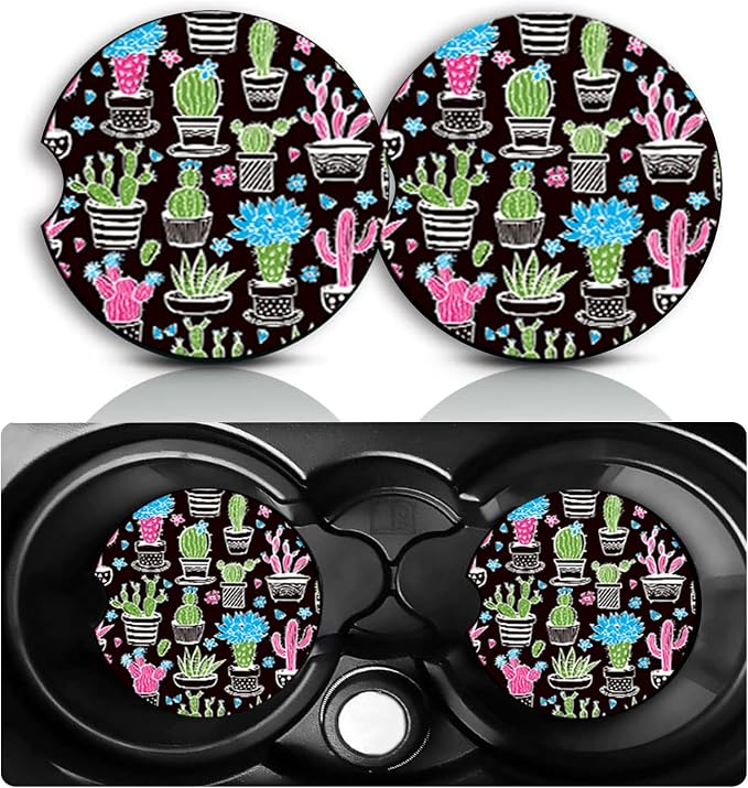 Cactu Car Cup Holder Coasters Set of 2 – Little Cactu Car Accessories 2.75" Universal Size Anti Slip Rubber Mat Recessed Auto Insert Coasters Decor Cactus Succulent Gifts for Women Men Dad Grandpa