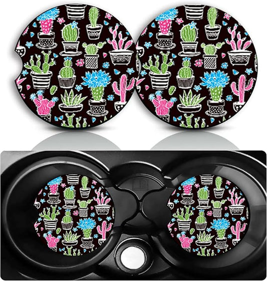 Cactu Car Cup Holder Coasters Set of 2 – Little Cactu Car Accessories 2.75" Universal Size Anti Slip Rubber Mat Recessed Auto Insert Coasters Decor Cactus Succulent Gifts for Women Men Dad Grandpa