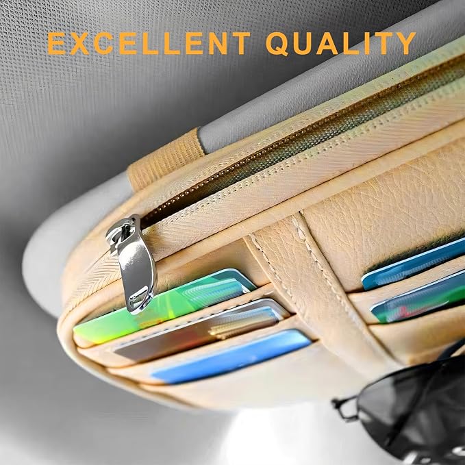 Car Sun Visor Organizer, Multi-Pocket Leather Auto Storage Pouch with Glasses Clip & Zippers, Multifunctional Sun Visor Storage Bag Ticket Organizer for Cars Trucks SUVs (Gray)