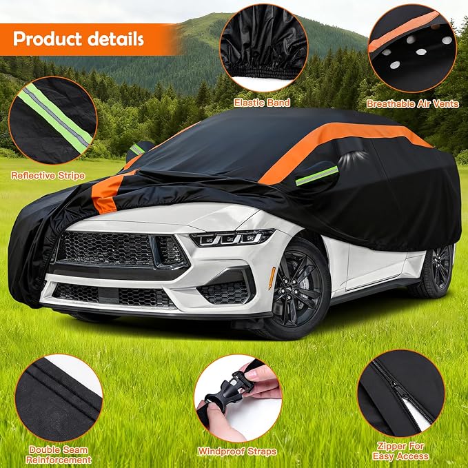 Universal Fit Car Cover for Coupe Length 186-193in, Waterproof Automobiles Cover All Weather Compatible with Chevrolet Camaro/Corvette, Ford Mustang/Shelby, Audi A4/A5, Kia Optima