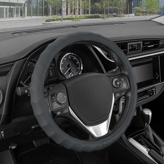 BDK SW-899-MG Genuine Leather Car Steering Wheel Cover 14.5-15 inch Medium/Gray, Easy Installation