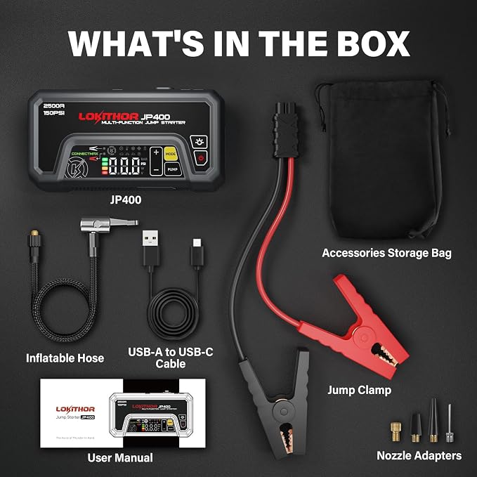 LOKITHOR JP400 Jump Starter with Air Compressor, 2500A 12V Portable Car Battery Booster Pack (8.5L Gas/6.5L Diesel) with ConnectMax Tech, 150PSI Tire Inflator, Auto-Shutoff & Dynamic Dwell (Orange)