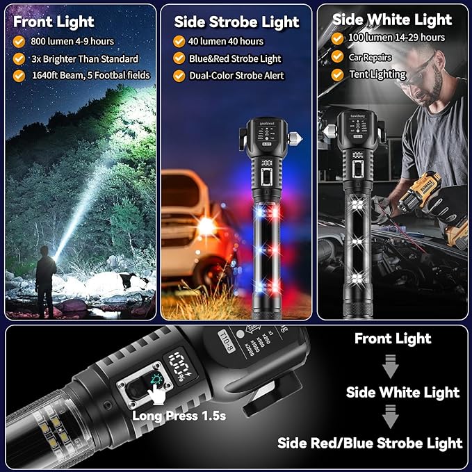 18-in-1 Car Emergency Flashlight, Window Breaker Seatbelt Cutter | 800LM solar/usb flashlight, magnetic base, emergency power bank, electric lighter, 120dB alarm & compass. Ideal driver gift