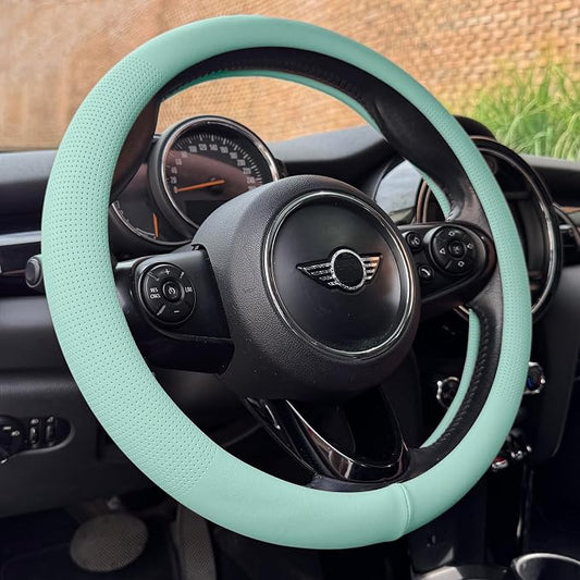 PINCTROT Nappa Leather Steering Wheel Cover, Slim Fit No Bulk Design, One Piece Leather with Breathable Perforation, Fit Like Gloves, Universal 14.5-15 Inch(Nappa Mint)