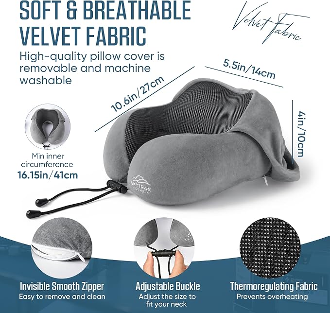 SkytraxComf® Travel Neck Pillow with Hood for Privacy on Long Flights | Memory Foam | Airplane Sleep | Safety-Tested Materials | Extra Large Hood | Chin Support | Earplugs | Washable Cover