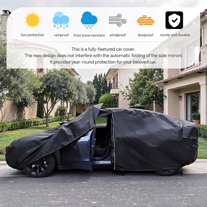 Tesla Model Y Car Cover (2020-2026) Waterproof All Weather, Heavy Duty Car Covers with Driver Door Zipper, Outdoor Rain Snow UV Protection (185" - 190")