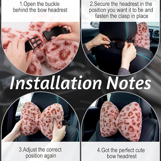 Macarrie 2 Pcs Leopard Car Neck Pillow Imitation Rabbit Fur Bow Pillow | Soft Comfortable Seat Headrest Support, Cute Bow Car Accessories, Driving Travel Driver Chair Girl Interior Decor, Pink