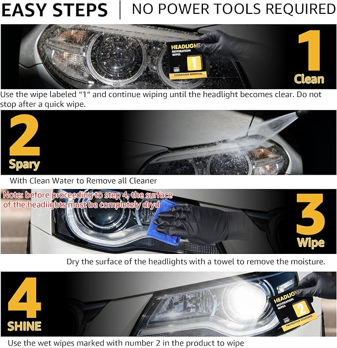 Headlight Restoration Kit, Ceramic Headlight Cleaner and Restorer Kit 2-Step Wipes, Removes Yellowing, Oxidation & Cloudiness, Restores Clarity Brings Headlights Back to Like New Condition,（2 Pack）