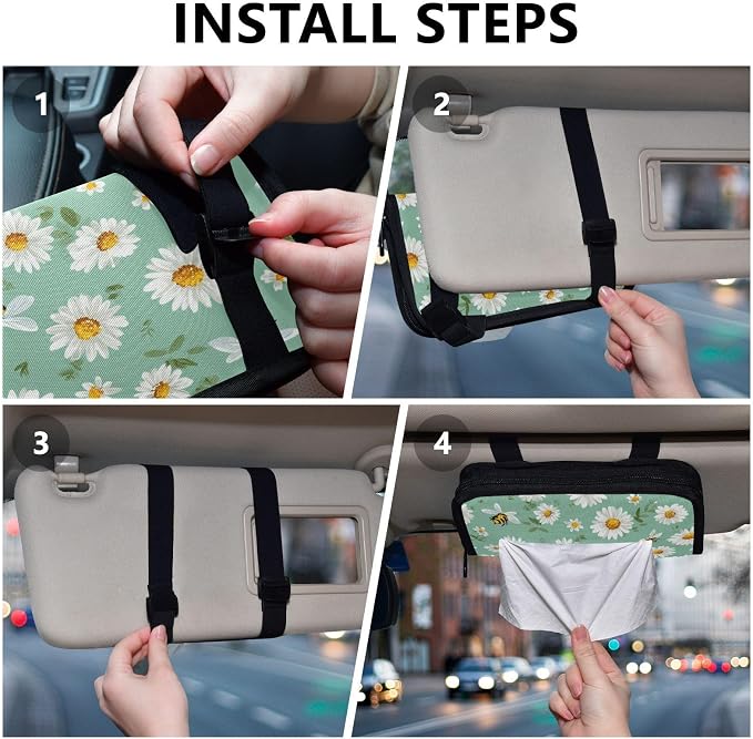 Mint Green Daisy Flowers and Bees Car Tissue Holder Durable Napkin Holder Hanging Tissue Holders Case Car Tissues Bag for Sun Visor Seat Back Universal Auto